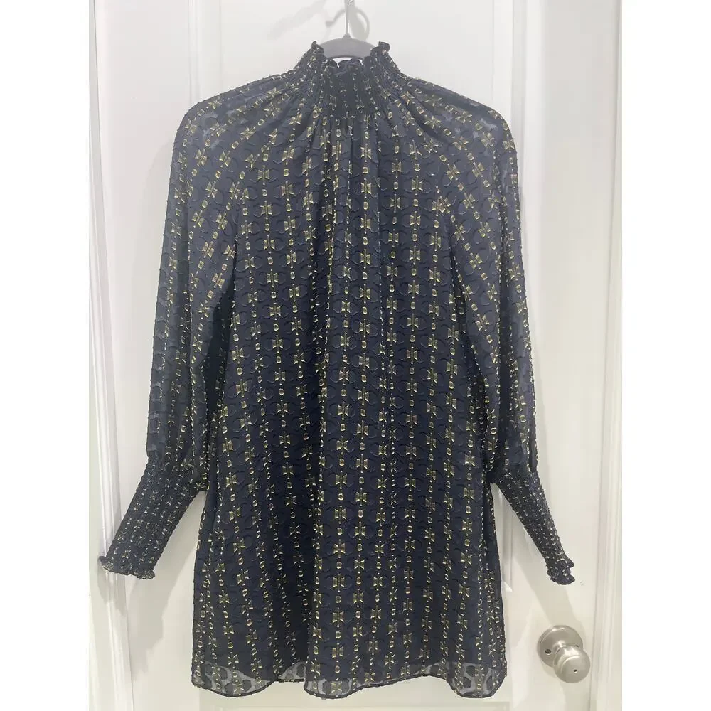 Amanda Uprichard Noemi Navy Gold Sheath High Neck Dress Sz XS